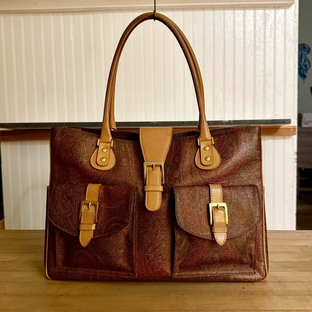Etro Brown PVC & Leather Paisley Multi-pocketed Shoulder Tote Bag